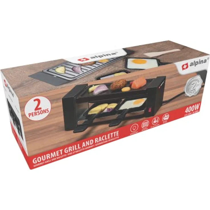 ALPINA Raclette, 400W, 2 Pfannen, handliches Raclette mit integrierter Grillplatte, für 2 Personen geeignet, abnehmbare Grillplatte – Bild 2