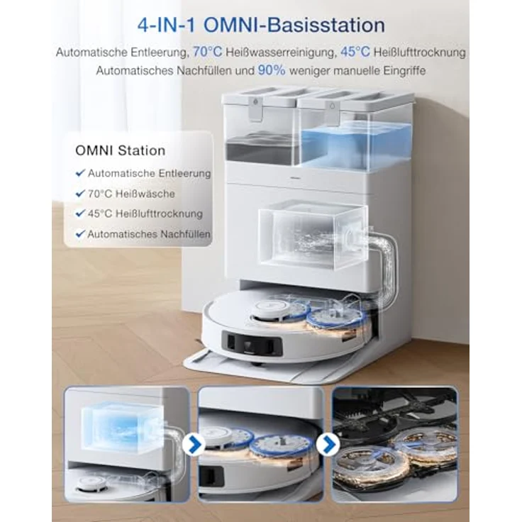 ECOVACS DEEBOT T30C Pro Omni Saugroboter mit Wischfunktion, 12800Pa Saugkraft, Auto-Entleerung, Heißlufttrocknung, 200min Laufzeit, Ideal für Tierhaare & Teppiche, Weiß – Bild 2
