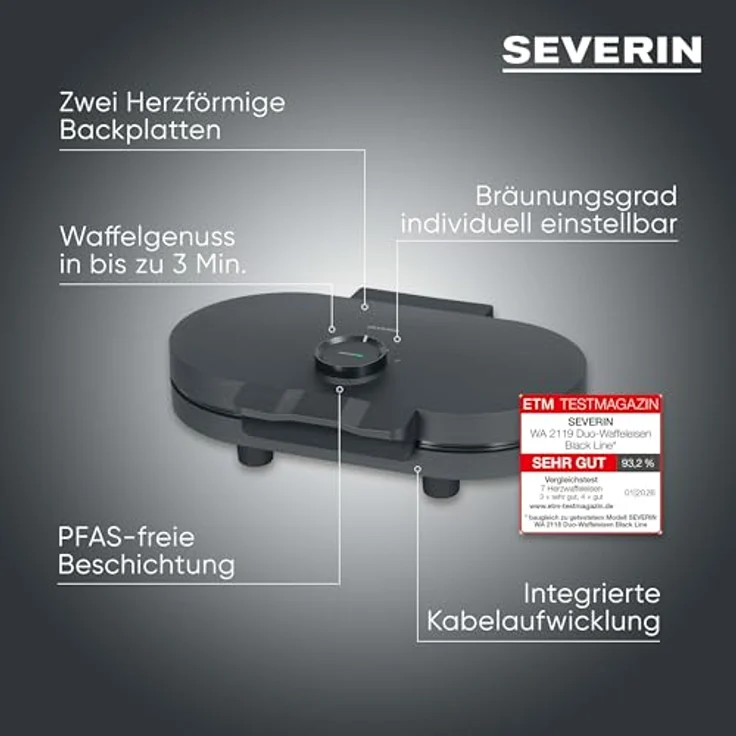 Severin Waffeleisen DG 2484, 1200 W mit Doppelwaffelplatte, einstellbarem Temperaturregler und antihaftbeschichteter Oberfläche – Bild 2