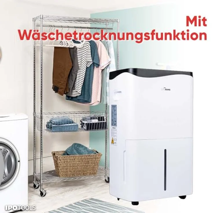 IPOTOOLS Luftentfeuchter OL50-BD052A - 50 Liter in 24h, für Räume bis 100 m2, mit 3 Betriebsarten, Digitalanzeige, Ablaufschlauch, Wäschetrocknung, Timer, mobil - weiß – Bild 2