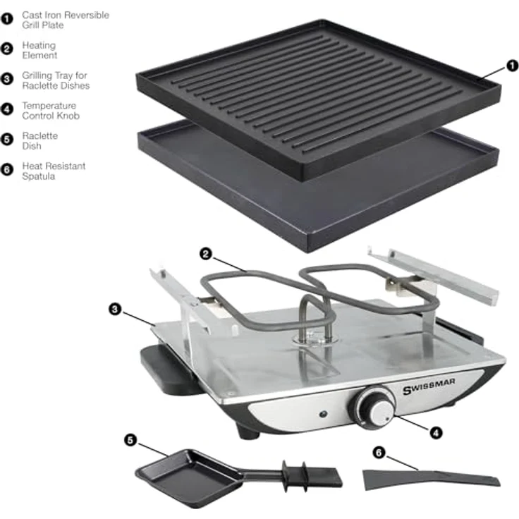 Swissmar Genfer Raclette-Grill, Racletteofen für 4 Personen mit reversibler Gusseisen-Grillplatte, Silber – Bild 5