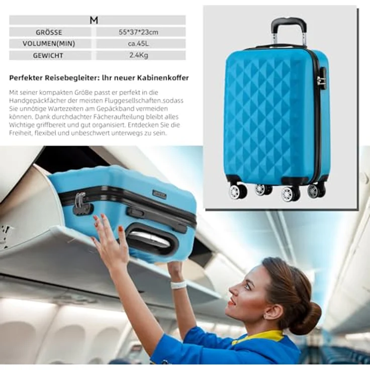 BEIBYE Trolley Koffer Kofferset Hartschale mit 4 Zwillingsrollen, M (55x34x22cm) Handgepäck, türkis, integriertes Sicherheits-Zahlenschloss, Höhenverstellbarer Teleskopgriff – Bild 3