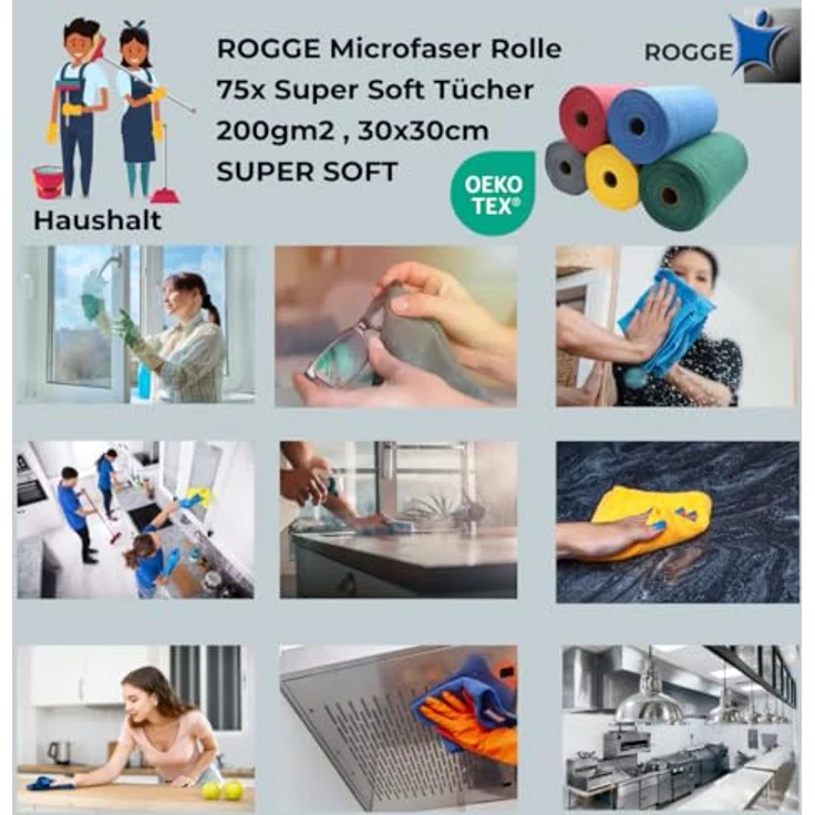 ROGGE Mikrofaser Tücher, Rolle mit 75 perforierten Reinigungstüchern, 30 x 30 cm, 200 g/m², supersoft, in verschiedenen Farben, wiederverwendbar und waschbar – Bild 4