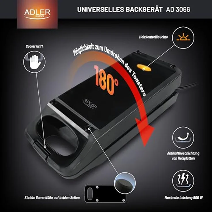 Adler AD 3066 Multifunktionsgrill, Toasten, Backen, Grillen, Antihaftbeschichtung, Kontaktgrill, Schwarz – Bild 4