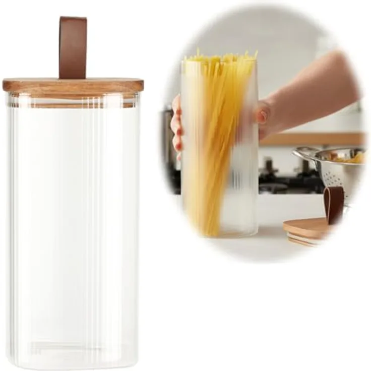 LS-LebenStil Vorratsdose aus Glas 1900ml, Luftdichter Vorratsbehälter mit Holzdeckel und Lederschlaufe, 28x10cm, ideal für Pasta und Müsli