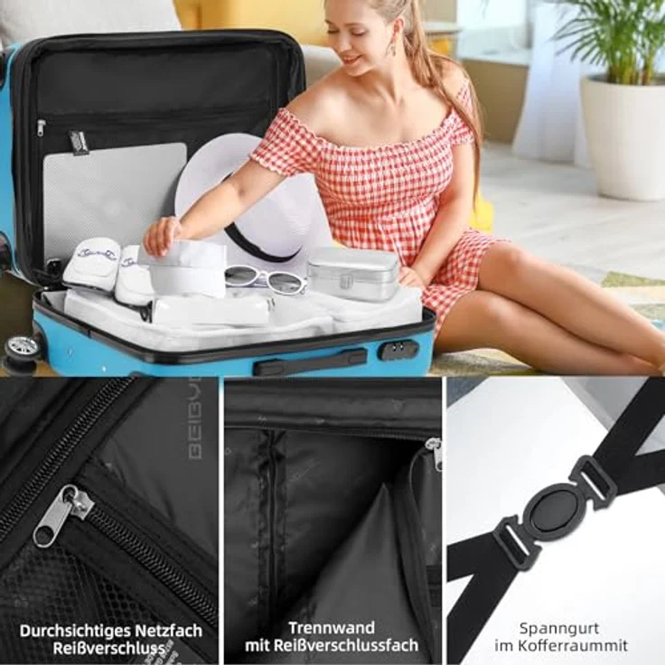 BEIBYE Trolley Koffer Kofferset Hartschale mit 4 Zwillingsrollen, M (55x34x22cm) Handgepäck, türkis, integriertes Sicherheits-Zahlenschloss, Höhenverstellbarer Teleskopgriff – Bild 4