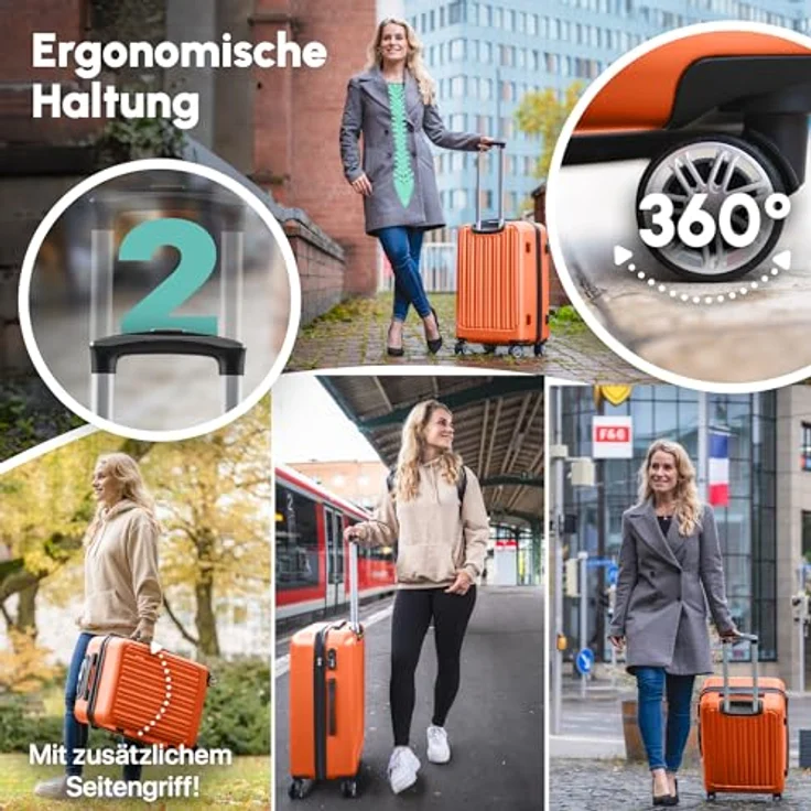 Easy Move ABS Hartschalenkoffer, Mittelgroßer Trolley Koffer mit 360° Rädern, Zahlen-Schloss, Ergonomischer Griff, orange, 65 cm – Bild 3
