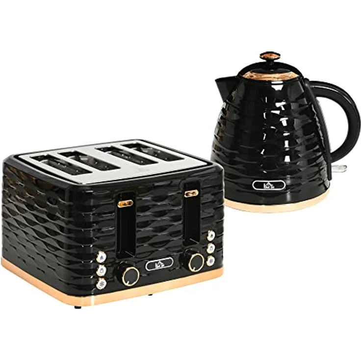 HOMCOM Toaster Frühstück-Set, 1,7L Wasserkocher und 4-Scheiben-Toaster, 2200 W, Auftau- und Aufwärmfunktion, Schwarz – Bild 1
