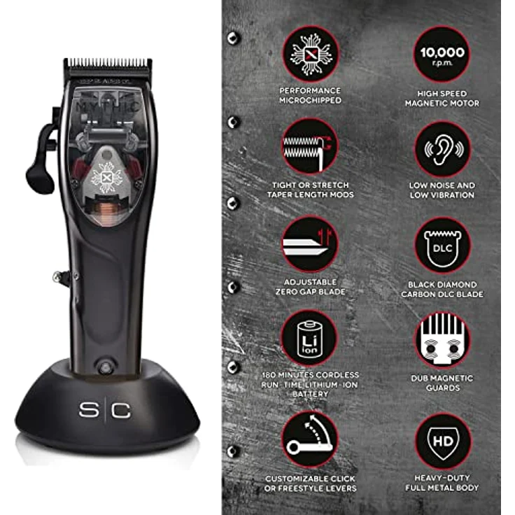 Professioneller Herren-Haarschneider Stylecraft by Gamma Più, Clipper mit Magnetmotor, 180 Minuten Autonomie ohne Kabel, Verstellbare Klinge, 8 Kämme, Klingenständer, Stabiles Metallgehäuse – Bild 2