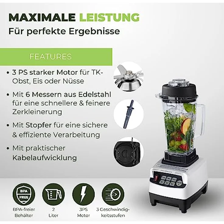 yayago OmniBlend Smoothie Maker 2L in weiß I Standmixer inkl. BPA-freiem Behälter & 6-Klingen-System aus Edelstahl I ideal für grüne Smoothies I mit 3 PS Motor – Bild 3