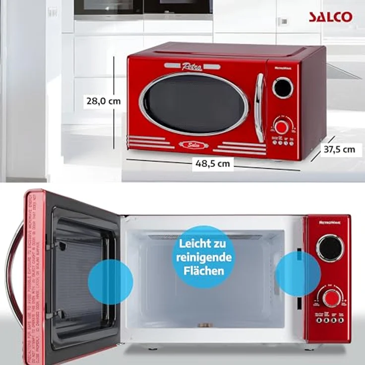 Salco Mikrowelle 2 in 1, Retro-Style, Grillfunktion, 23 l Garraum, metallic-rot, 900 W, 12 Funktionen, Auftauen, Grillen, Wärmen, inkl. Drehteller – Bild 4