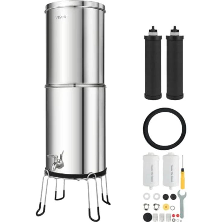 VEVOR Schwerkraft-Wasserfilter Wasserfiltersystem 12,3 L Edelstahl 304, reduziert Blei und bis zu 99 % Chlor, mit 2 Aktivkohlefiltern und 2 Fluoridfiltern, inkl. Wasserhahn & Ständer – Bild 1