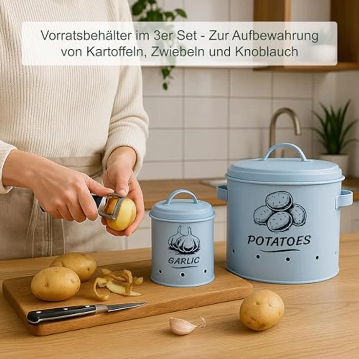 relaxdays Vorratsdose Kartoffel Aufbewahrungsbox 3er Set, Stahl, grau, mit optimalen Lagerbedingungen für Kartoffeln, Zwiebeln und Knoblauch, belüftet – Bild 4