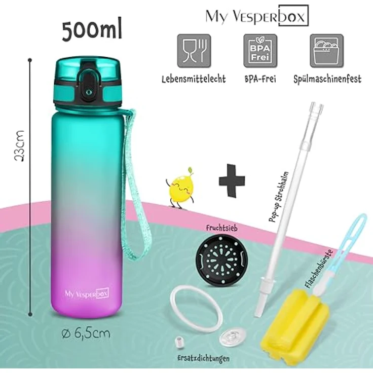 My Vesperbox Trinkflasche Minny, 500ml, auslaufsicher, kohlensäuregeeignet, mit Strohhalm und Fruchtsieb, perfekt für Kinder – Bild 3