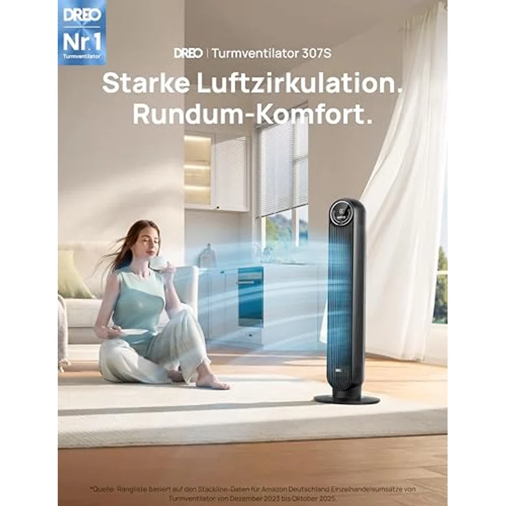 Dreo Nomad One S, Smart Leiser Turmventilator mit APP & Sprachsteuerung, 90° Oszillation, 4 Modi, 4 Geschwindigkeiten, 8 Std. Timer, Schwarz – Bild 1