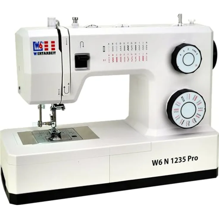 W6 Nähmaschine N 1235 Pro mit 24 Programmen | Freiarm | automatischer Einfädler | obenliegende Spule | Umlaufgreifer | Knopflochautomatik | Jeans nähen | 100 Watt Servo Motor, Weiß