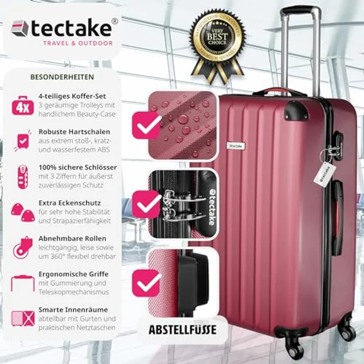 tectake® 4-teiliges Reisekoffer Kofferset inkl. Kofferwage und Gepäckanhänger, 360° Rollen, Hartschalenkoffer mit Zahlenschloss, Koffer groß, ineinander stapelbar, Trolley Handgepäck - weinrot – Bild 2