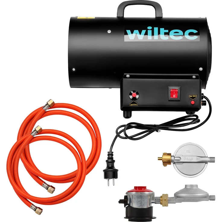 Wiltec Gasheizgebläse 15 kW inkl. Gasdruckminderer für Spanien 700 mbar, Gas Heizkanone mit 30 W Motor, Heißluftgenerator aus Stahl, LPG-betriebener Bauheizer, Heizlüfter