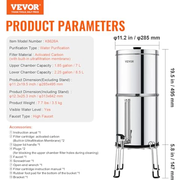 VEVOR Schwerkraft Wasserfiltersystem Edelstahl 7+8,5L, Blei- und Chlorreduzierung mit 2 Kohlefiltern – Bild 7