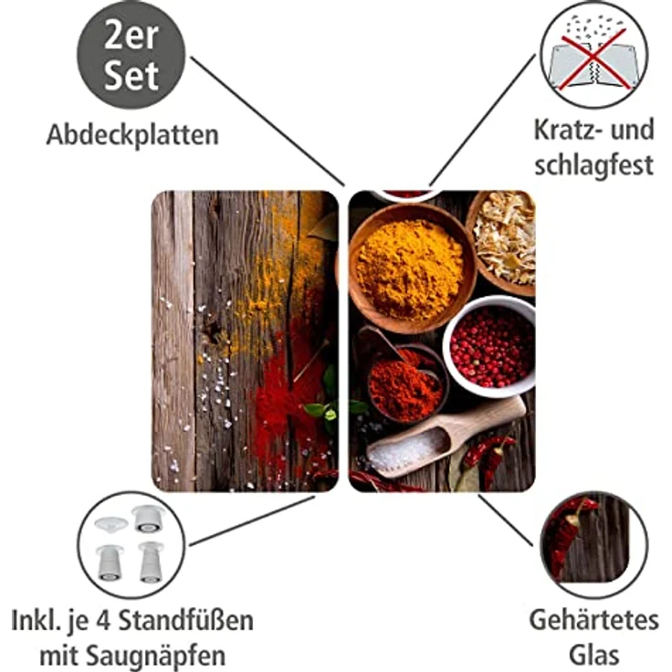 Wenko Herdabdeckplatte Universal Gewürze, 2er Set Herdabdeckung für alle Herdarten, Gehärtetes Glas, 30 x 52 cm, mehrfarbig – Bild 3