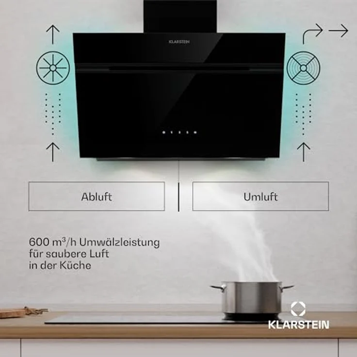 Klarstein Alina Dunstabzugshaube, EEK A, 600 m³/h, Touch LED-Beleuchtung, Abluft/Umluft, Schwarz – Bild 2