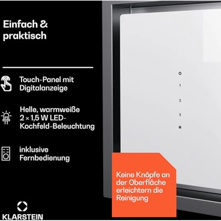 Klarstein Dunstabzugshaube 77cm, Abluft-Dunstabzugshaube mit Spülmaschinenfestem Filter aus Aluminium, Leise Abzugshaube Abluft, 410 m³/h Luftstrom, Effiziente Wandhaube mit LEDs & Touch Controls, Silber – Bild 4