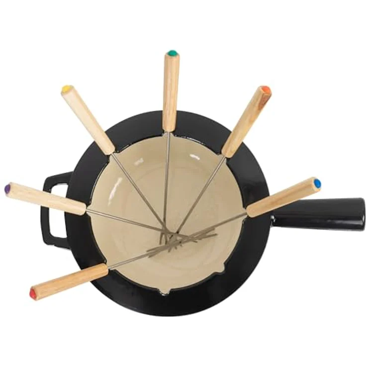 Mahlzeit Gusseisen Fondue Set für 6 Personen | 2 Liter | Fondueset 13 teilig mit Brenner und Gabeln | Fondue-Set, Käsefondue Set, Fleischfondue Set, Schokofondue Set (Schwarz emailliert) – Bild 4