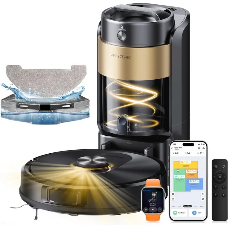 Proscenic Saugroboter Q020Plus, 3-in-1 Staubsauger mit Wischfunktion, 10000Pa Saugkraft, LiDAR-Navigation, 90 Tage wartungsfrei, mit beutelloser Entleerung