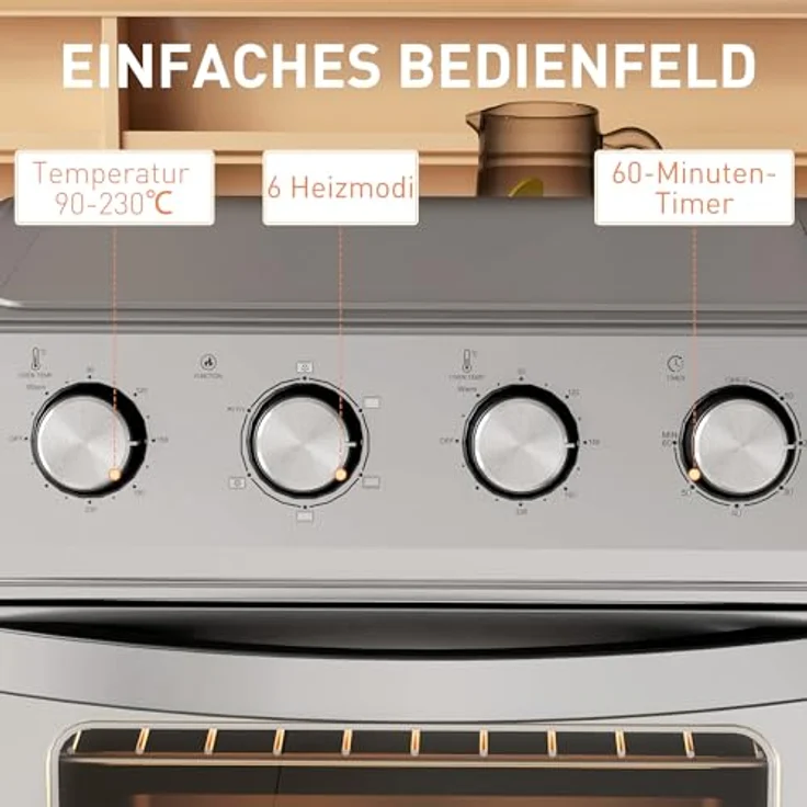 HOMCOM Minibackofen mit 60 Min. Timer, 24 L, 1600W, Heiße Luftzirkulation, Innenbeleuchtung, Silber – Bild 5