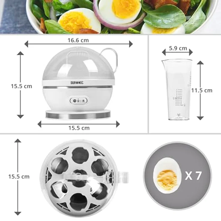 Duronic EB27 WE Eierkocher für 1–7 Eier, 400 W mit Härtegradeinstellung, Timer & Überhitzungsschutz, inkl. Messbecher und Eipick, weiß – Bild 2