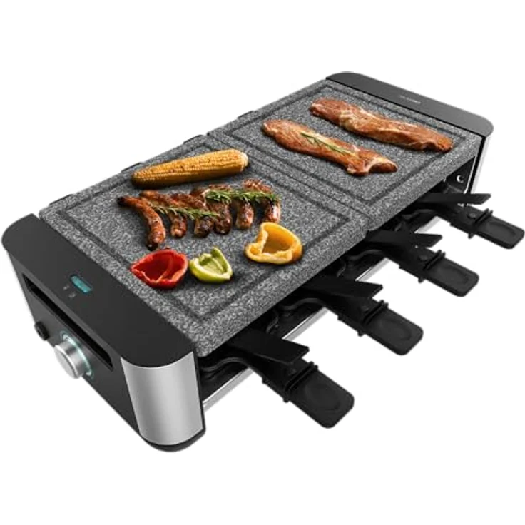 Cecotec Raclette Cheese&Grill 16000 Inox AllStone, 8 Personen, 1400 W Grill, einstellbares Thermostat, Natursteinplatte, inkl. 8 Pfannen & 8 Spatel – Bild 1
