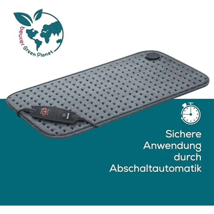 Beurer HK 123 Cosy Grey Green Planet Heizkissen, Ober- und Unterseite aus kuscheligem recyceltem Material, mit 6 Temperaturstufen und Abschaltautomatik, maschinenwaschbar, grau, XXL-Format 60 x 30 cm – Bild 4