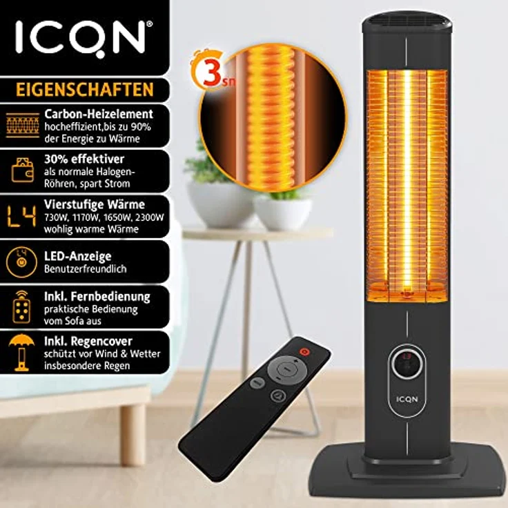 ICQN 2300 W Stand Heizstrahler mit Wasserdicht Schutzhülle, 4 Heizstufen mit Fernbedienung, Kohlenstoff Infrarotstrahler für Innen- & Außenbereich, Terrassenstrahler, Aluminium, Balkon – Bild 2
