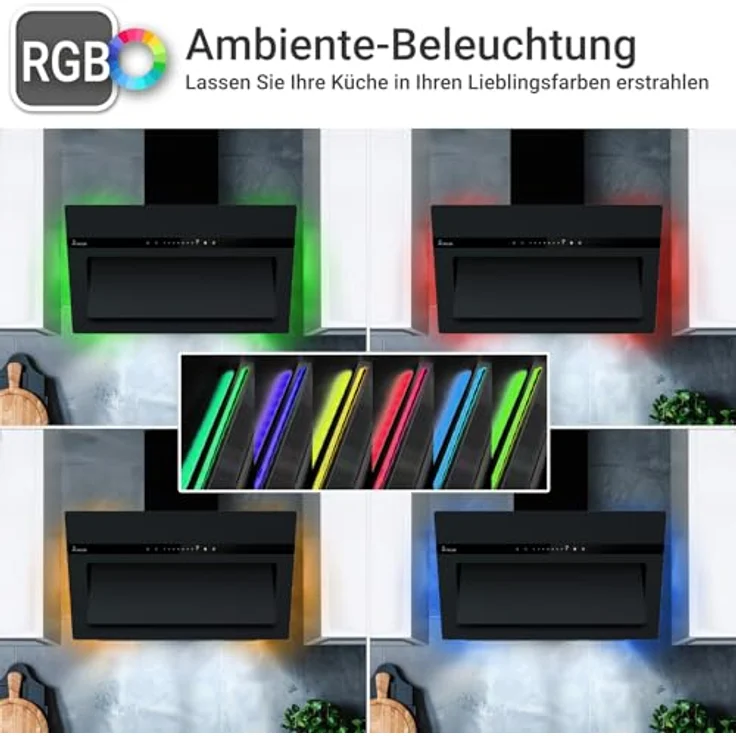 KKT KOLBE PLOOM8005S Dunstabzugshaube 80 cm, A+++ Kopffrei, 782 cbm/h Umluft/Abluft, Glas Matt Schwarz, Smart WiFi App, SensorTouch, RGBW LED-Beleuchtung, Nachlaufautomatik – Bild 2
