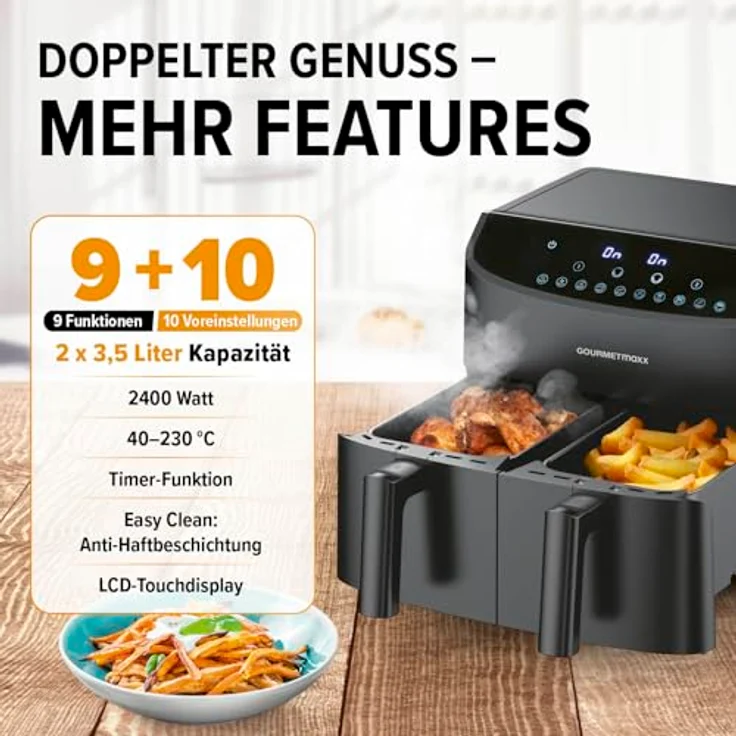 GOURMETmaxx Heißluftfritteuse Doppelkammer, 2400 W, 9 Funktionen, bis 230°C, fettarm (Silber) – Bild 2