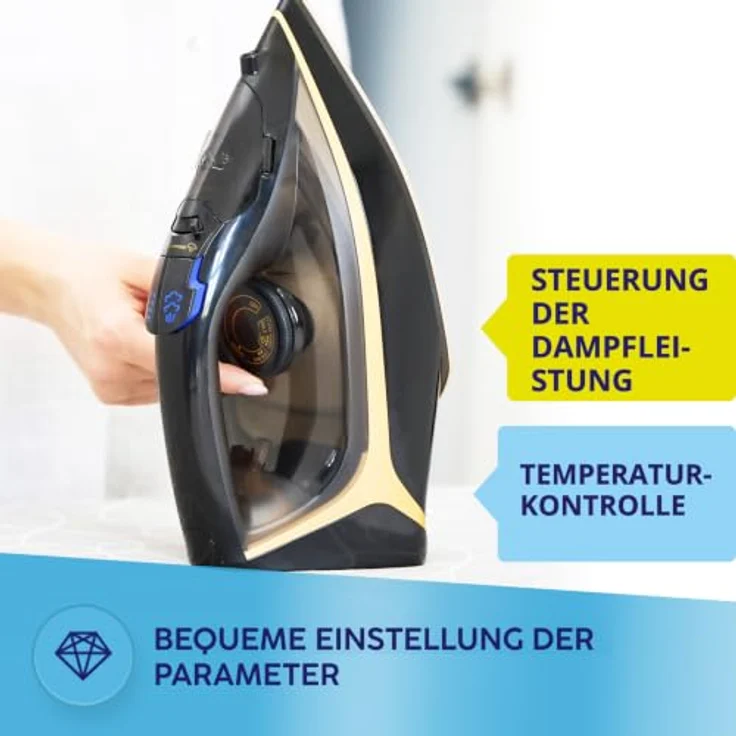 MPM MZE-26 Kabelloses Dampfbügeleisen 2600W mit Keramiksohle, 42 Dampfdüsen, Anti-Drip, Anti-Calc, Self-Clean, 300ml Wassertank, Temperaturregelung, Schwarz/Gold – Bild 3