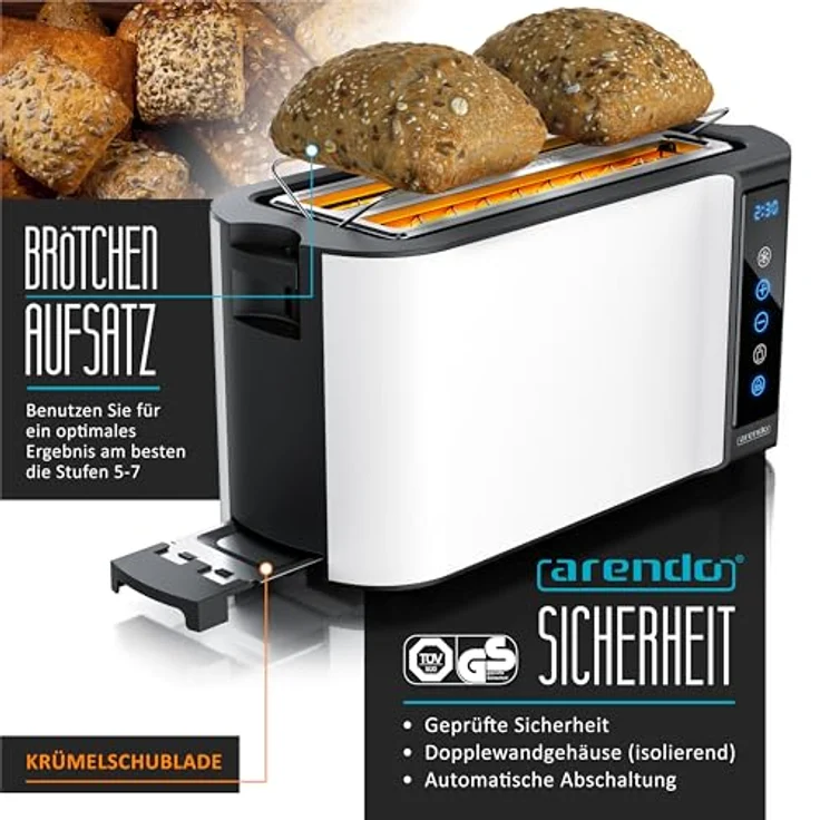 Arendo 4-Scheiben Langschlitz-Toaster FRUKOST TOUCH, Edelstahl mit Touchscreen, 7 Bräunungsgraden, integriertem Brötchenaufsatz, Restzeitanzeige und Memoryfunktion, Weiß Matt – Bild 3