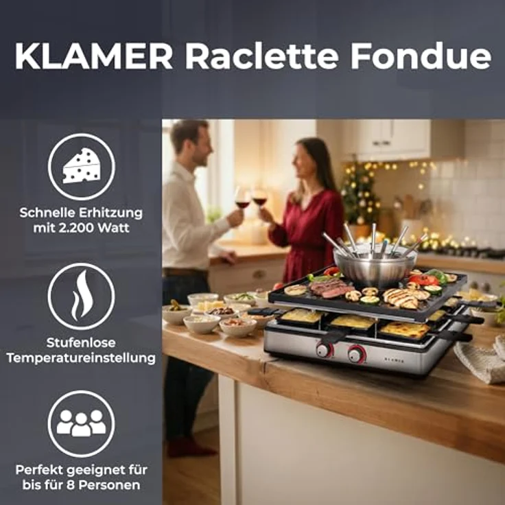 KLAMER Raclette Fondue Kombi 3-in-1 für 8 Personen, 2200 W, Edelstahl mit ILAG Antihaftbeschichtung, inkl. 8 Holzspatel, Pfännchen und Fonduegabeln, Deutsches Design Berlin – Bild 3