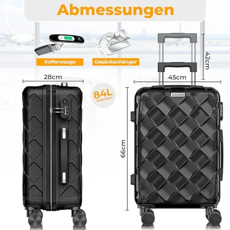 KESSER® Reisekoffer 84L, ABS Hartschalenkoffer mit Zahlenschloss, integrierter Kofferwaage & Reisebrieftasche, 360° Rollen, Black – Bild 2