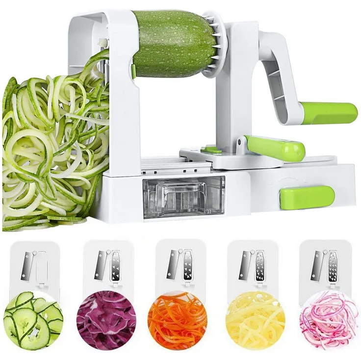 MOPUEA Gemüseschneider 5-in-1 Multifunktionsreibe mit 5 Klingen, klappbar, ergonomischer Griff und stabiler Saugnapfbasis für sicheres Schneiden