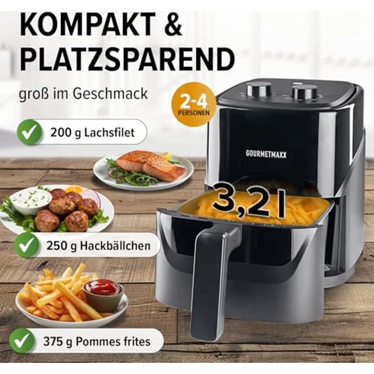 GOURMETmaxx Heißluftfritteuse 3,2 L, 1300 W schwarz | Mechanisch mit Timer & Temperaturregler | Kompakt für fettfreies Frittieren, Braten & Grillen – Bild 4