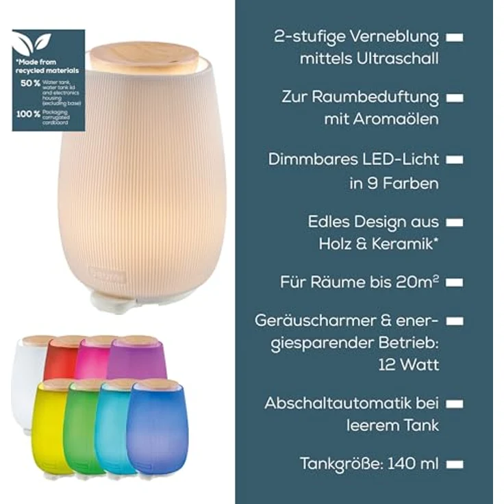 Beurer Aroma Diffuser, elegantes Design aus Holz und Keramik mit dimmbarem LED-Licht, 140 ml, geräuscharm, Abschaltautomatik – Bild 7