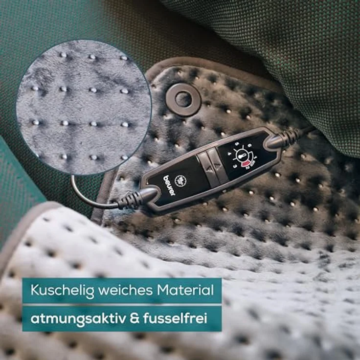 Beurer HK 123 Cosy Grey Green Planet Heizkissen, Ober- und Unterseite aus kuscheligem recyceltem Material, mit 6 Temperaturstufen und Abschaltautomatik, maschinenwaschbar, grau, XXL-Format 60 x 30 cm – Bild 5