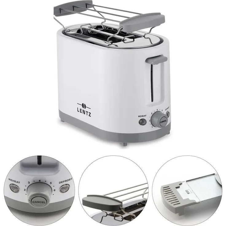Lentz 74273 2-Scheiben-Toaster, 750 Watt, inkl. Krümelschublade, Brötchenaufsatz, Auftaufunktion, Aufwärmfunktion, Kunststoff, weiß - Preisvergleich