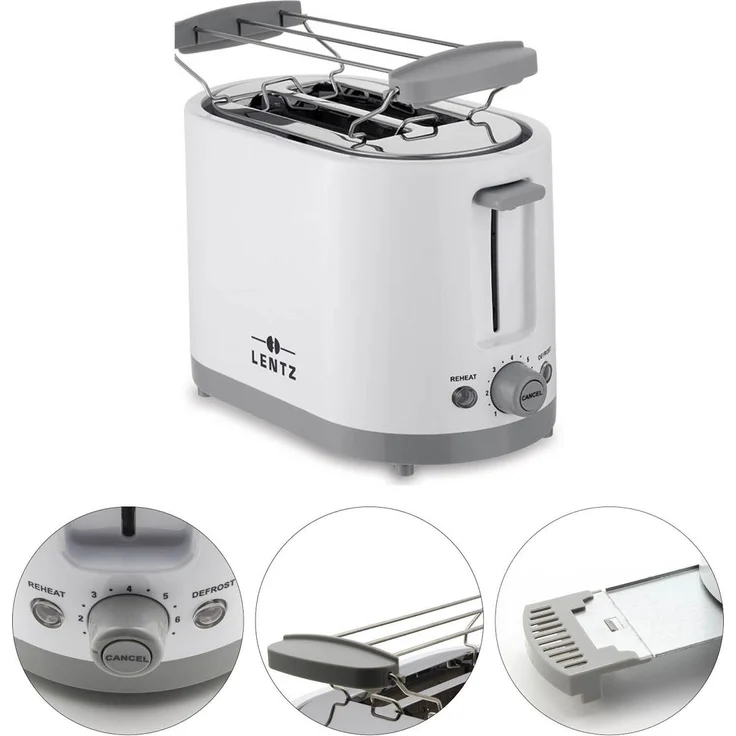 Lentz 74273 2-Scheiben-Toaster, 750 Watt, inkl. Krümelschublade, Brötchenaufsatz, Auftaufunktion, Aufwärmfunktion, Kunststoff, weiß – Bild 1