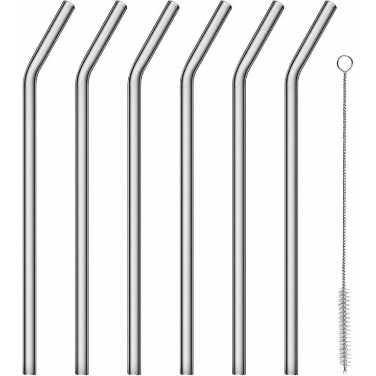 Blomus Sala Glastrinkhalme Gebogen, 6er Set, mit Reinigungsbürste, Trinkhalme, Trinkhalm, Glashalm, Smoke, 64248