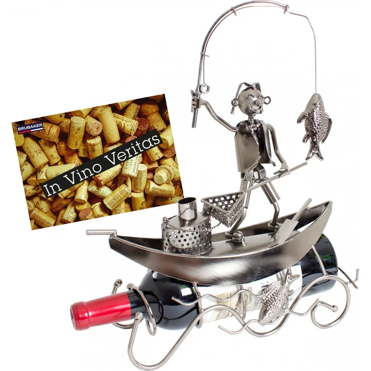 BRUBAKER Flaschenhalter Fischer in einem Boot Metall Skulptur Geschenk mit Geschenkkarte