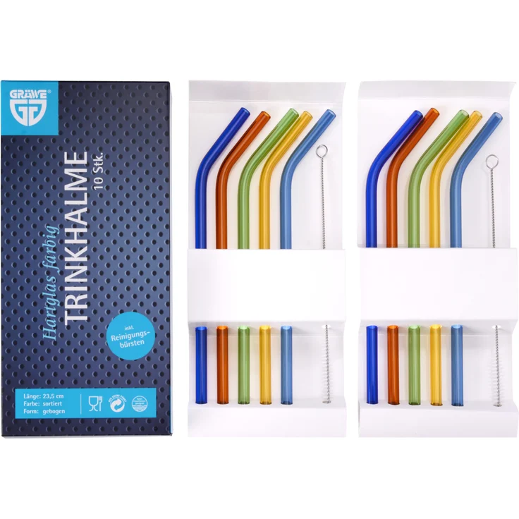 Trinkhalm-Set 12-tlg., Hartglas, bunt