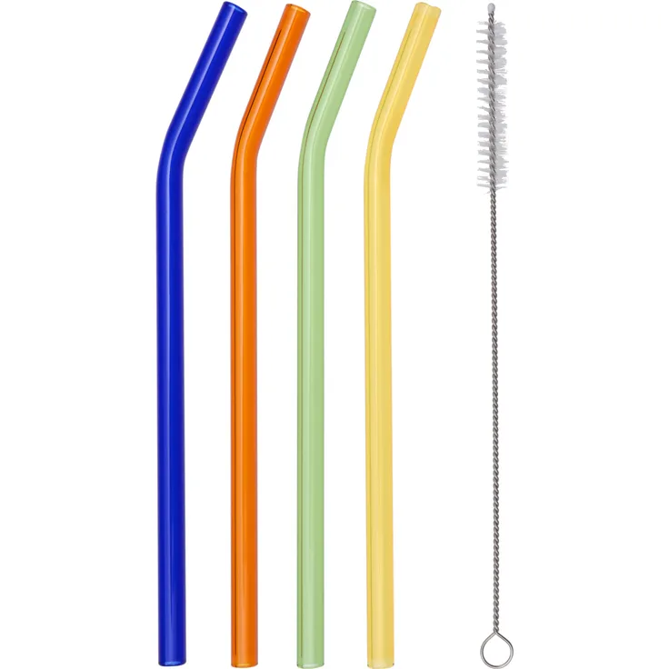 Trinkhalme Hartglas, bunt, 4 Stück + Bürste
