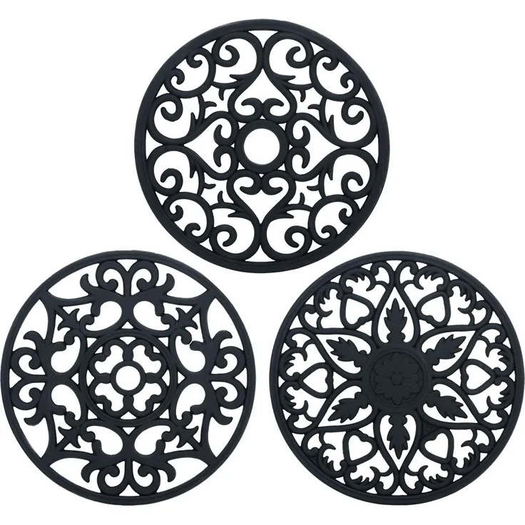 Intirilife 3-teiliges Silikon Untersetzer Set in Schwarz - Flexible Antihaft Topf Untersetzer Rutschfest Hitzebeständige Matte mit verschiedenen Ornamenten